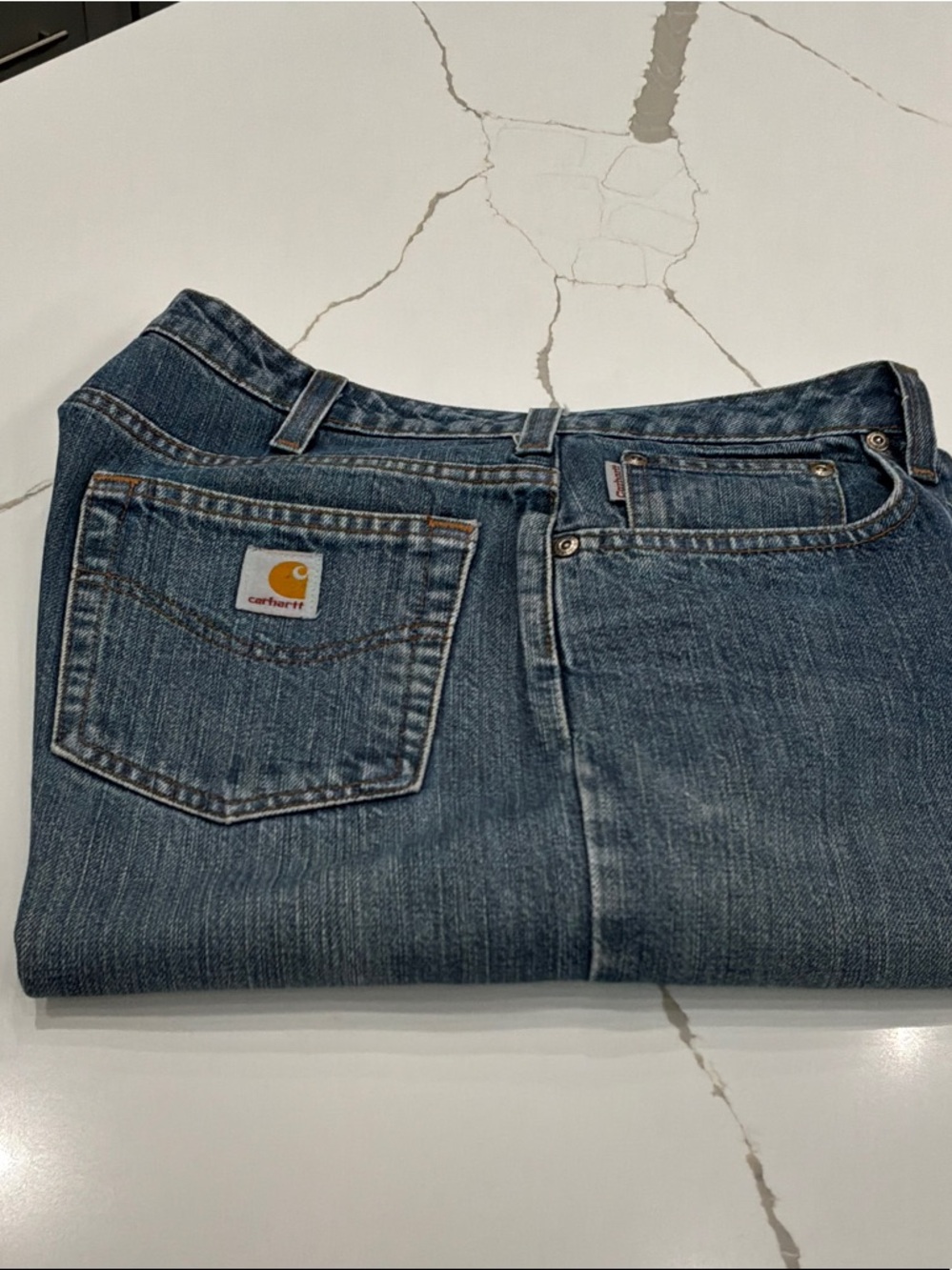 Carhartt Women 10x30 Blue Denim Jeans with Contrast Stitching Starched Used